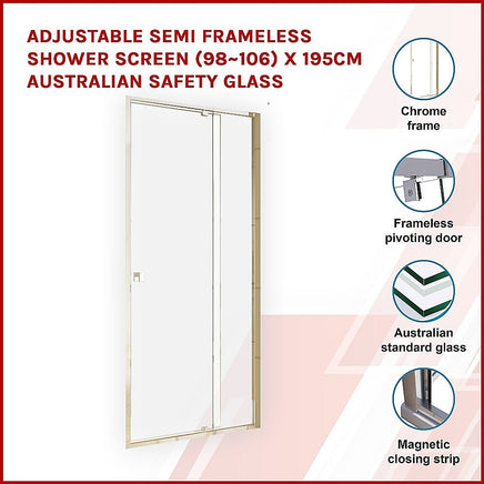 Adjustable Semi Frameless Shower Screen (98~106) x 195cm Australian Safety Glass Kings Warehouse