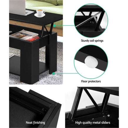 Artiss Lift Up Top Coffee Table Storage Shelf Black Kings Warehouse