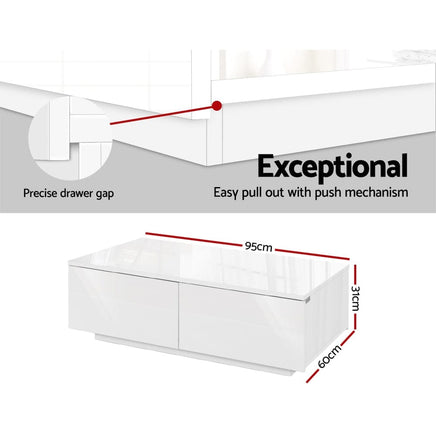 Artiss Modern Coffee Table 4 Storage Drawers High Gloss Living Room Furniture White Kings Warehouse