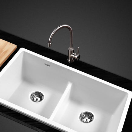 Cefito Stone Kitchen Sink 790X460MM Granite Under/Topmount Basin Double Bowl White DIY Kings Warehouse