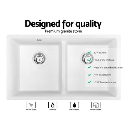 Cefito Stone Kitchen Sink 790X460MM Granite Under/Topmount Basin Double Bowl White DIY Kings Warehouse