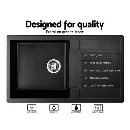 Cefito Stone Kitchen Sink 860X500MM Granite Under/Topmount Basin Bowl Laundry Black DIY Kings Warehouse