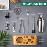 Cocktail Shaker Set Bartender Kit with Bamboo frame and 10 Pieces Stainless Steel Bar Tool Set Kings Warehouse 