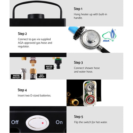 Dev King Outdoor Portable Gas Water Heater 8LPM Camping Shower Black Camping > Outdoor Kings Warehouse