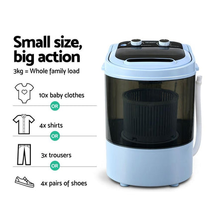 Devanti 3KG Mini Portable Washing Machine Shoes Wash Top Load Spin Camp Caravan Outdoor Kings Warehouse