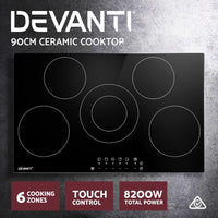 Devanti 90cm Ceramic Cooktop Electric Cook Top 5 Burner Stove Hob Touch Control 6-Zones Kings Warehouse 