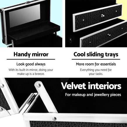 Embellir Portable Cosmetic Beauty Makeup Carry Case with Mirror - Crocodile Black Kings Warehouse