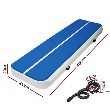 Everfit 4X1M Inflatable Air Track Mat 20CM Thick with Pump Tumbling Gymnastics Blue Fitness Accessories Kings Warehouse