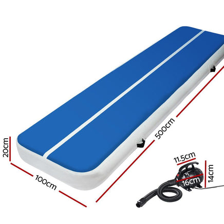 Everfit 5X1M Inflatable Air Track Mat 20CM Thick with Pump Tumbling Gymnastics Blue Fitness Accessories Kings Warehouse