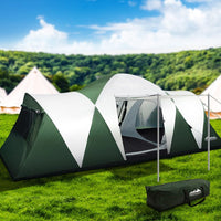 Family Camping Tent 12 Person Hiking Beach Tents (3 Rooms) Green Camping Supplies Kings Warehouse