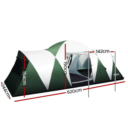 Family Camping Tent 12 Person Hiking Beach Tents (3 Rooms) Green Camping Supplies Kings Warehouse
