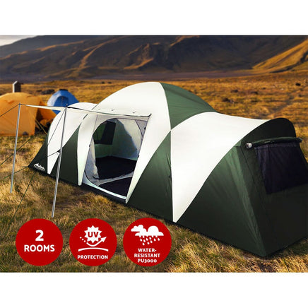 Family Camping Tent 12 Person Hiking Beach Tents (3 Rooms) Green Camping Supplies Kings Warehouse