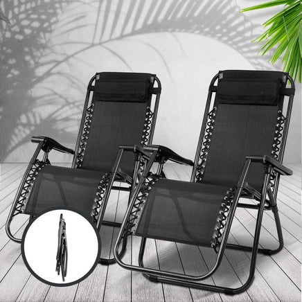 Gardeon Set of 2 Zero Gravity Chairs Reclining Outdoor Furniture Sun Lounge Folding Camping Lounger Black Camping Kings Warehouse