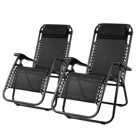 Gardeon Set of 2 Zero Gravity Chairs Reclining Outdoor Furniture Sun Lounge Folding Camping Lounger Black Camping Kings Warehouse