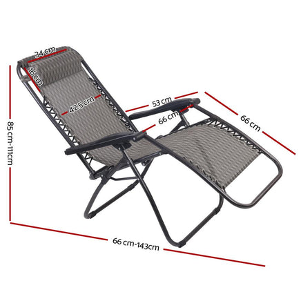 Gardeon Set of 2 Zero Gravity Chairs Reclining Outdoor Furniture Sun Lounge Folding Camping Lounger Grey Camping Kings Warehouse