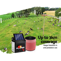 Giantz Electric Fence Energiser 3km Solar Powered Charger Set + 2000m Tape Farm Supplies Kings Warehouse