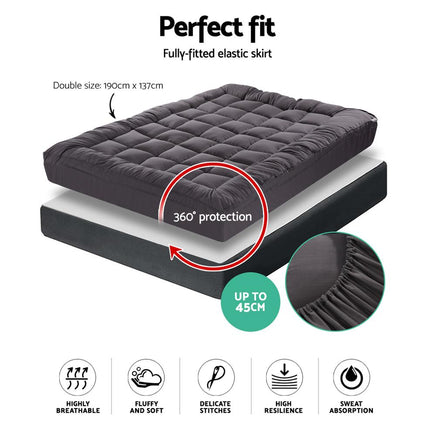 Giselle Double Mattress Topper Pillowtop 1000GSM Charcoal Microfibre Bamboo Fibre Filling Protector Kings Warehouse
