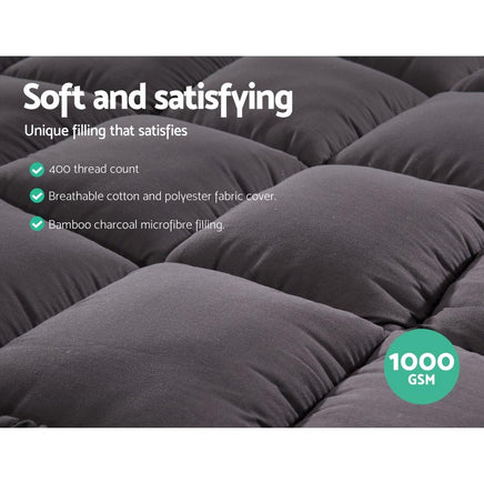 Giselle King Mattress Topper Pillowtop 1000GSM Charcoal Microfibre Bamboo Fibre Filling Protector Kings Warehouse