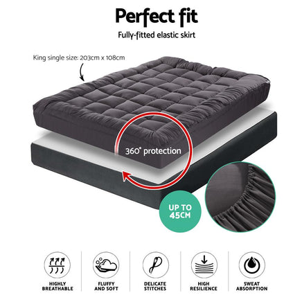 Giselle King Single Mattress Topper Pillowtop 1000GSM Charcoal Microfibre Bamboo Fibre Filling Protector Kings Warehouse