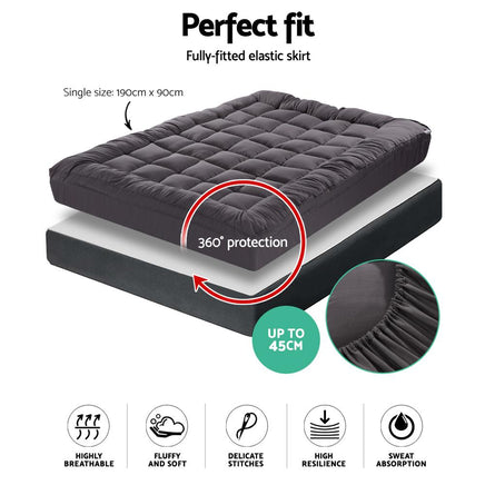 Giselle Single Mattress Topper Pillowtop 1000GSM Charcoal Microfibre Bamboo Fibre Filling Protector Kings Warehouse