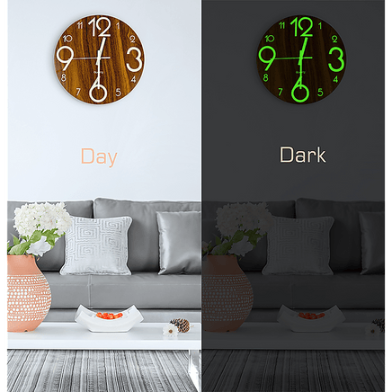Glow In Dark Wall Clock Luminous Quartz Wooden Non Ticking Home Decor 12''/30cm Kings Warehouse