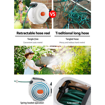 Greenfingers Retractable Hose Reel 30M Garden Water Spray Gun Auto Rewind Garden Supplies Kings Warehouse