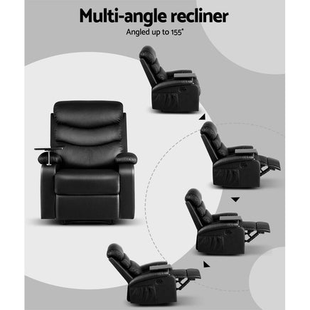 Kings Recliner Chair Armchair Lounge Sofa Chairs Couch Leather Black Tray Table Kings Warehouse