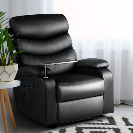 Kings Recliner Chair Armchair Lounge Sofa Chairs Couch Leather Black Tray Table Kings Warehouse