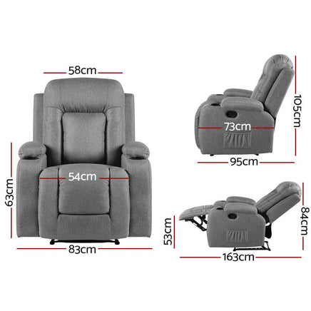 Kings Recliner Chair Electric Massage Chair Fabric Lounge Sofa Heated Grey Kings Warehouse