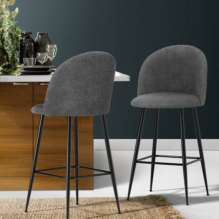 Kings Set of 2 Bar Stools Kitchen Dining Chair Stool Chairs Sherpa Boucle Charcoal bar stools Kings Warehouse