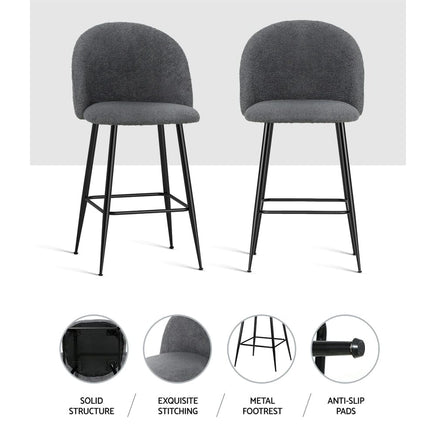 Kings Set of 2 Bar Stools Kitchen Dining Chair Stool Chairs Sherpa Boucle Charcoal bar stools Kings Warehouse
