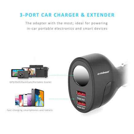 mbeat Gorilla Power Dual Port QC 3.0 Car Charger With Cigar Lighter Socket Kings Warehouse