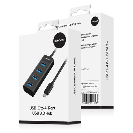 mbeat USB-C to 4-Port 3.0 Hub - Black Kings Warehouse