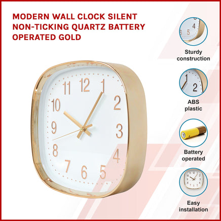 Modern Wall Clock Silent Non-Ticking Quartz Battery Operated Gold Kings Warehouse