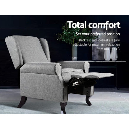 Paris Recliner Chair Luxury Lounge Armchair Single Sofa Couch Fabric Grey Kings Warehouse