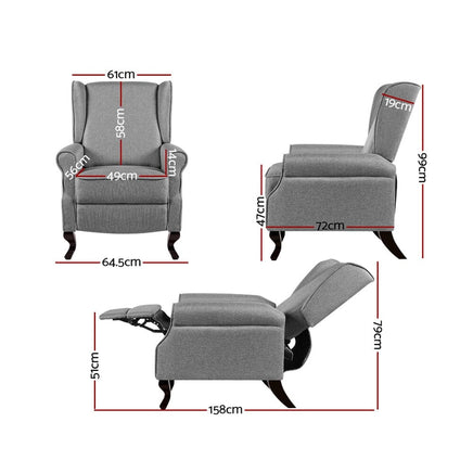 Paris Recliner Chair Luxury Lounge Armchair Single Sofa Couch Fabric Grey Kings Warehouse