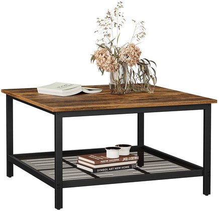 Robust Coffee Table Steel Frame and Mesh Storage Shelf, Rustic Brown and Black living room Kings Warehouse