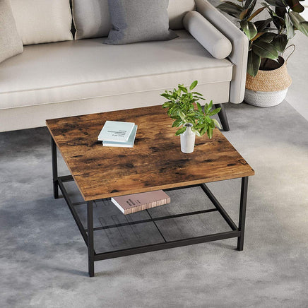 Robust Coffee Table Steel Frame and Mesh Storage Shelf, Rustic Brown and Black living room Kings Warehouse