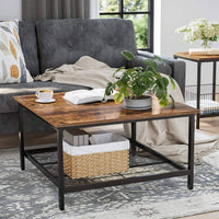 Robust Coffee Table Steel Frame and Mesh Storage Shelf, Rustic Brown and Black living room Kings Warehouse