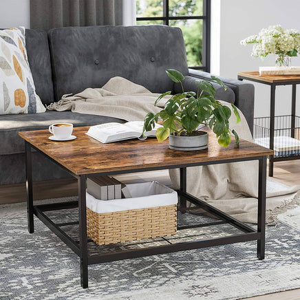 Robust Coffee Table Steel Frame and Mesh Storage Shelf, Rustic Brown and Black living room Kings Warehouse