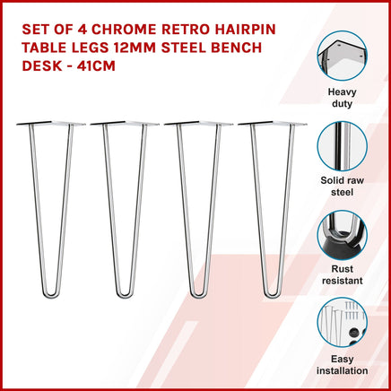 Set of 4 Chrome Retro Hairpin Table Legs 12mm Steel Bench Desk - 41cm Kings Warehouse