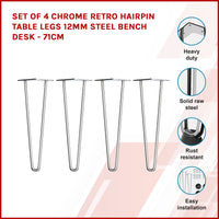 Set of 4 Chrome Retro Hairpin Table Legs 12mm Steel Bench Desk - 71cm Kings Warehouse