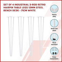 Set of 4 Industrial 3-Rod Retro Hairpin Table Legs 12mm Steel Bench Desk - 71cm White Kings Warehouse