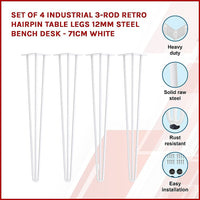Set of 4 Industrial 3-Rod Retro Hairpin Table Legs 12mm Steel Bench Desk - 71cm White Kings Warehouse 