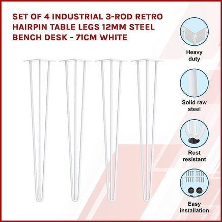 Set of 4 Industrial 3-Rod Retro Hairpin Table Legs 12mm Steel Bench Desk - 71cm White Kings Warehouse