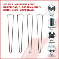 Set of 4 Industrial Retro Hairpin Table Legs 12mm Steel Bench Desk - 71cm Black Kings Warehouse 