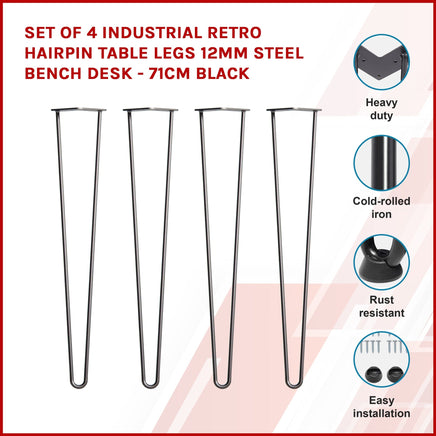 Set of 4 Industrial Retro Hairpin Table Legs 12mm Steel Bench Desk - 71cm Black Kings Warehouse