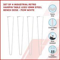 Set of 4 Industrial Retro Hairpin Table Legs 12mm Steel Bench Desk - 71cm White Kings Warehouse