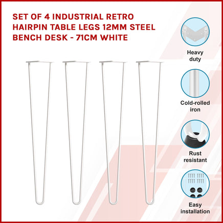 Set of 4 Industrial Retro Hairpin Table Legs 12mm Steel Bench Desk - 71cm White Kings Warehouse