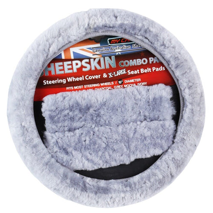 Sheepskin Steering Wheel Cover & Seat Belt Pads Combo Luxury - Grey Kings Warehouse